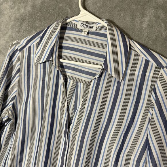 Express Shirt M Slim Portofino Button Tie Sleeve Button Up Office Striped Blue - Picture 3 of 9